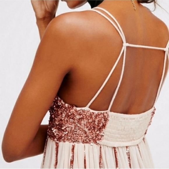 Free People Glitter Girl Sequin Rose Gold Embellished Mini Dress - Picture 7 of 16